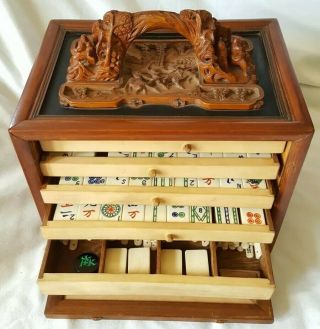 Early 20th Century Bamboo & Bone Mahjong Set In Ornate Wooden Carved Drawer Box