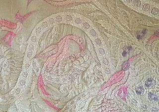 Vintage Exotic Birds Hummingbirds & Flowers Silk Hand Embroidered Tablecloth