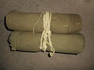 1952 - 53 Vintage Us Army Pup Tent Full Set: 2 Halves,  Poles,  Ropes & Stakes