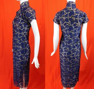 Vintage 1930s Antique Chinese Qipao Cheongsam Blue Lace White Silk Banner Dress 3