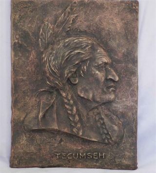 Antique Bronze Plaque Sculpture Of Tecumseh Native American Indian Chief Signed