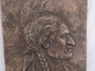 Antique Bronze Plaque Sculpture of TECUMSEH Native American Indian Chief Signed 5