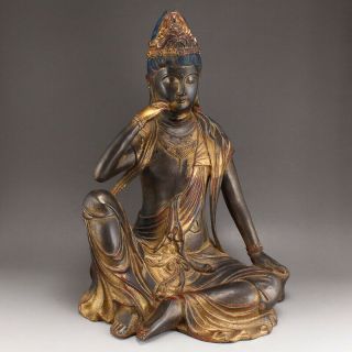 Vintage Chinese Gilt Gold Red Copper Thinking Kwan - Yin Statue