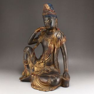 Vintage Chinese Gilt Gold Red Copper Thinking Kwan - yin Statue 2