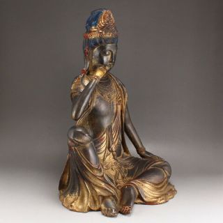Vintage Chinese Gilt Gold Red Copper Thinking Kwan - yin Statue 3