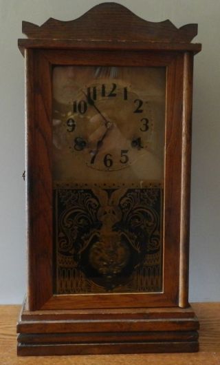 Vintage Waterbury 8 Day Wooden Wind Up Chiming Wall Clock With Key Great