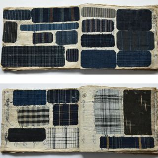 1870s Japanese Sample Book : Indigo Striped Cotton Fabric Swatches
