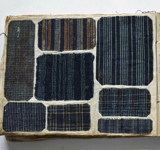 1870s Japanese Sample Book : Indigo Striped Cotton Fabric swatches 3