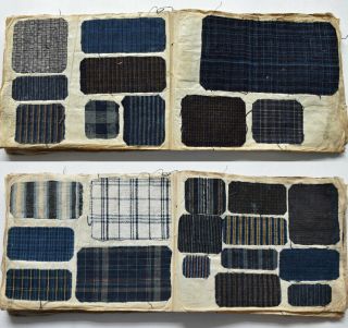 1870s Japanese Sample Book : Indigo Striped Cotton Fabric swatches 5