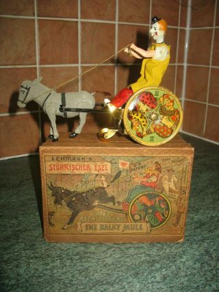 1902 Boxed Lehmann Balky Mule Donkey Germany Tinplate Antique Tin Toy Clown