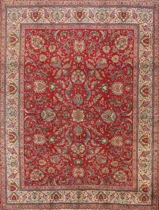 Vintage Persian Area Rug 10x13 Hand Knotted Wool Persian Rug Red Oriental Floral