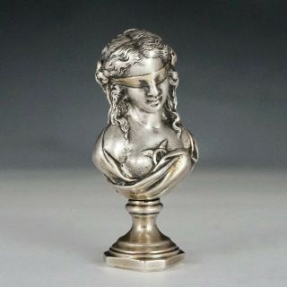 Antique French Silvered Bronze Wax Seal Desk Stamp Double Sided Figural Bust 3