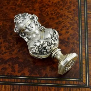 Antique French Silvered Bronze Wax Seal Desk Stamp Double Sided Figural Bust 7