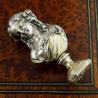 Antique French Silvered Bronze Wax Seal Desk Stamp Double Sided Figural Bust 8