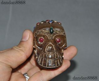 Tibetan Natural Crystal Silver Filigree Inlay Lapis Lazuli Gem Skull Head Statue