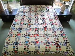 Vintage Gently All Cotton Hand Sewn Wedding Ring Quilt,  84 " X 75 " ; Good
