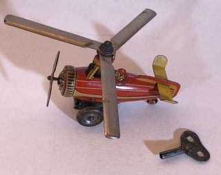 Vintage Tin Litho Wind - Up Toy Airplane Helicopter–original Key -