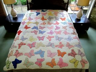 Full Vintage Feed Sack Hand Sewn Applique Butterfly Quilt,  Prints; Good