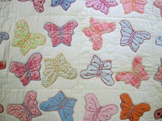 FULL Vintage Feed Sack Hand Sewn APPLIQUE BUTTERFLY QUILT,  Prints; Good 2