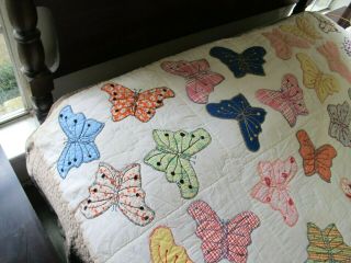 FULL Vintage Feed Sack Hand Sewn APPLIQUE BUTTERFLY QUILT,  Prints; Good 3