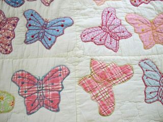 FULL Vintage Feed Sack Hand Sewn APPLIQUE BUTTERFLY QUILT,  Prints; Good 4