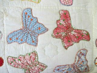 FULL Vintage Feed Sack Hand Sewn APPLIQUE BUTTERFLY QUILT,  Prints; Good 6