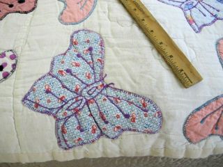 FULL Vintage Feed Sack Hand Sewn APPLIQUE BUTTERFLY QUILT,  Prints; Good 9