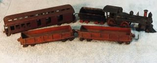 Vintage 1880s Cast Iron Train 5 Piece Set,  Loco,  Tender,  Baggage,  & 2 Gondola