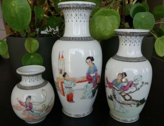 3 Outstanding Quality Antique Chinese Famille Rose Porcelain Vases Republic Proc