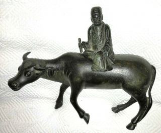 Large 19thc Antique Chinese Bronze Water Buffalo With Figure On Top (2 Piece)