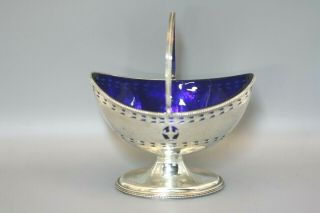 Antique 18thc (1784) English Sterling Silver Sugar Basket W Cobalt Glass Liner