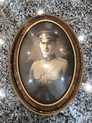 Wwi American Soldier Portrait Oval Frame Convex Glass Artillery