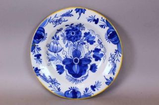 Rare 17th C Tin Glaze Delft Deep Bowl With Vibrant Blue Floral Decorated Design