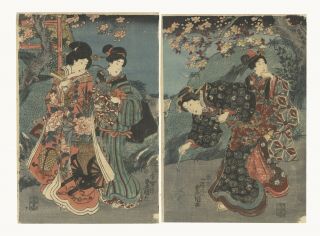 Japanese Woodblock Print,  Toyokuni Iii,  Beauty,  Flowers,  Pipe,  Ukiyo - E
