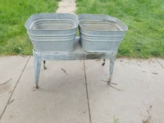 Vintage Galvanized Double Washtub On Stand C.  H.  F.  S.  Flower Garden Yard Decor