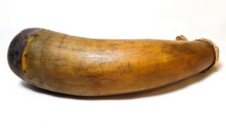 EARLY 19TH C AMERICAN ANTIQUE CARVED BLACK POWDER HORN,  W/NAILED HEEL/HEMP CORD 8