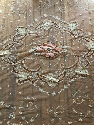 Pristine Antique Fine French Lace And Net Coverlet