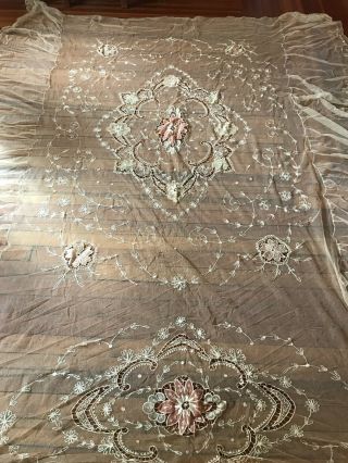 Pristine Antique Fine French Lace and Net Coverlet 2