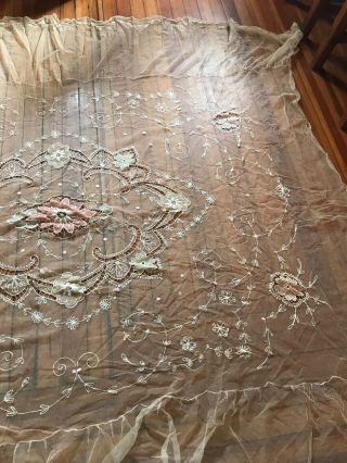 Pristine Antique Fine French Lace and Net Coverlet 4