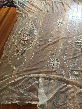 Pristine Antique Fine French Lace and Net Coverlet 5