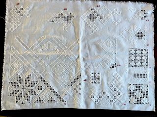 Vintage Hand Embroidered Lefkara Lace White Cotton Pattern Sample Panel 32x23”
