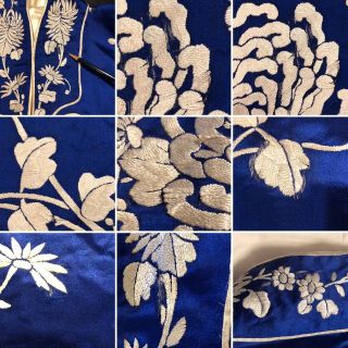 Antique 1900’s - 20’s Chinese Embroidered Blue Silk Robe with White Chrysanthemums 12