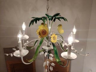 Vintage Italian Tole White with yellow wild Flowers & fern 5 arm Chandelier 10