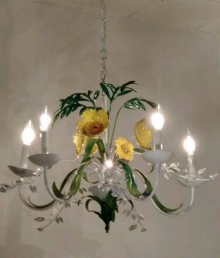 Vintage Italian Tole White with yellow wild Flowers & fern 5 arm Chandelier 2