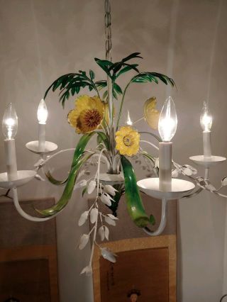 Vintage Italian Tole White with yellow wild Flowers & fern 5 arm Chandelier 3