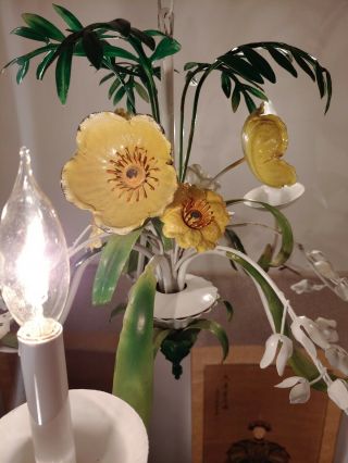 Vintage Italian Tole White with yellow wild Flowers & fern 5 arm Chandelier 4