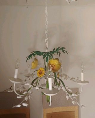 Vintage Italian Tole White with yellow wild Flowers & fern 5 arm Chandelier 6