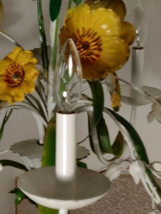 Vintage Italian Tole White with yellow wild Flowers & fern 5 arm Chandelier 7