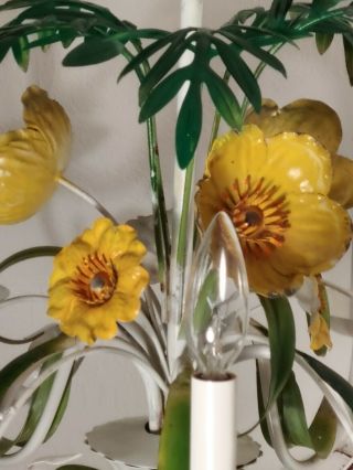 Vintage Italian Tole White with yellow wild Flowers & fern 5 arm Chandelier 8