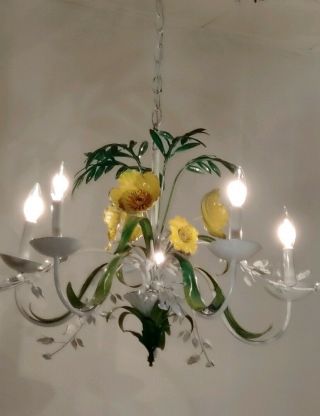 Vintage Italian Tole White with yellow wild Flowers & fern 5 arm Chandelier 9